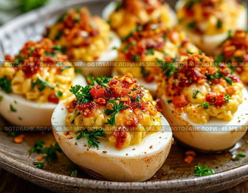 Stuffed eggs, a traditional appetizer for any holiday table, which is prepared quickly, simply and from a minimum amount of products. Enjoy your meal! Стоковое AI-изображение, AI-художник Сергей Елизарьев / Фотобанк Лори