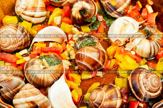 Stuffed snails with butter and herbs. Sardinian cuisine, Italian food.. Escargot snail filled with garlic. Стоковое фото, агентство Ingram Publishing / Фотобанк Лори