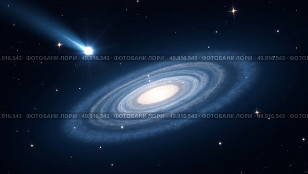 Stunning digital illustration of the andromeda galaxy with a glowing core and streaking comet against a cosmic blue background. Стоковое AI-изображение, AI-художник Андрей Бакусов / Фотобанк Лори