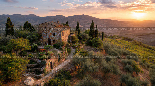 Stunning Sunset Over a Rustic Villa in the Tuscan Countryside With Rolling Hills and Olive Trees. Стоковое AI-изображение, AI-художник Юлия Гапеенко / Фотобанк Лори
