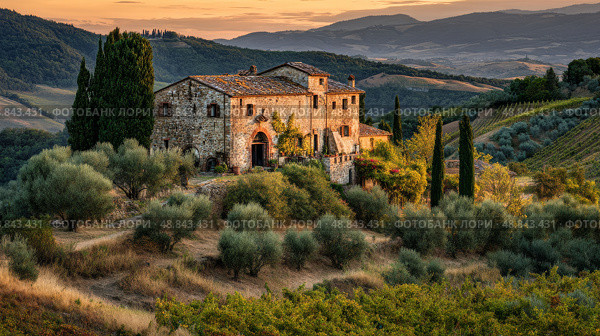 Stunning Sunset Over a Rustic Villa in the Tuscan Countryside With Rolling Hills and Olive Trees. Стоковое AI-изображение, AI-художник Юлия Гапеенко / Фотобанк Лори