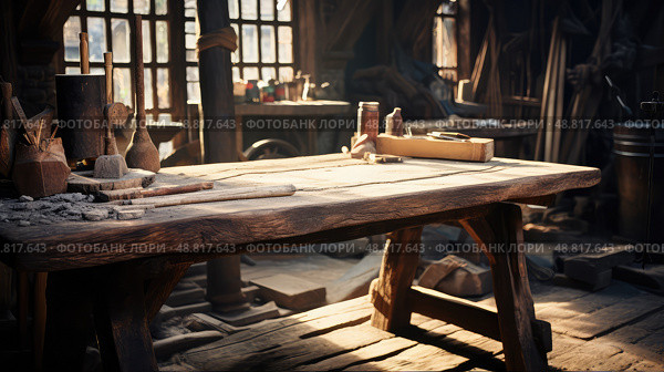 sturdy rough wood table ai generated. Стоковое AI-изображение, AI-художник Vectorwin / Фотобанк Лори
