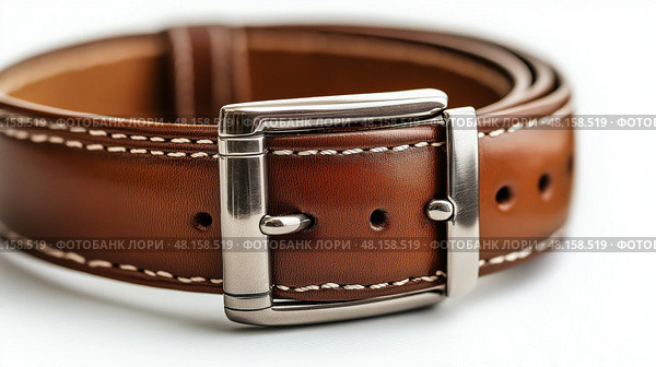 Stylish brown leather belt showcasing craftsmanship and design details on white background. Стильный коричневый кожаный ремень, демонстрирующий мастерство и детали дизайна, на белом фоне. Стоковое AI-изображение, AI-художник Katsiaryna Repich / Фотобанк Лори