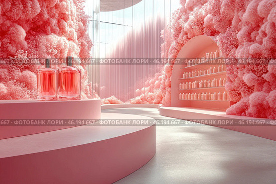 Stylish interior, decorated in pastel pink tones. In the center are two bottles of perfume, located on a round podium. In the background you can see a wall with shelves on which bottles of perfume are placed. Around is a cloud of pink lush clouds or veils, creating an atmosphere of airiness and sophistication. The space looks minimalistic and elegant. Стоковое AI-изображение, AI-художник Анна Кривицкая / Фотобанк Лори