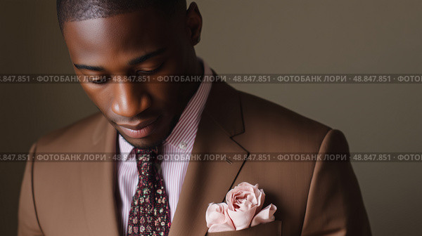 Stylish man in tailored suit with floral pocket square posed against neutral background. Стоковое AI-изображение, AI-художник Сергей Толмачёв / Фотобанк Лори