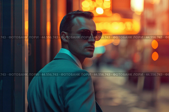 Stylish man in the city at night. Стоковое AI-изображение, AI-художник Иван Рябоконь / Фотобанк Лори