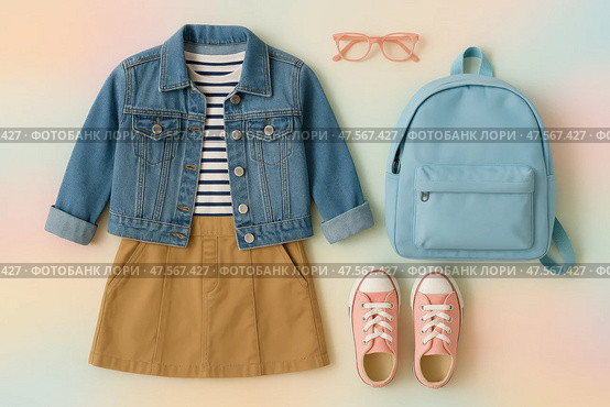 Stylish Outfit Flat Lay Featuring Denim Jacket, Striped Shirt, and Accessories Perfect for Casual Outings. Стоковое AI-изображение, AI-художник Юлия Гапеенко / Фотобанк Лори