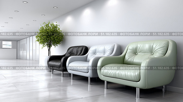 Stylish waiting area with modern chairs and indoor greenery. Стоковое AI-изображение, AI-художник Katsiaryna Repich / Фотобанк Лори
