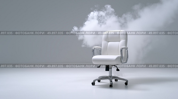 Stylish white chair surrounded by cloud-like smoke in minimalistic space. Стильное белое кресло, окруженное облаками дыма, в минималистичном пространстве. Стоковое AI-изображение, AI-художник Katsiaryna Repich / Фотобанк Лори