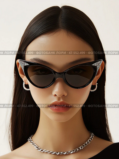 Stylish young woman showcasing bold sunglasses with a glamorous look. Стильная молодая женщина в гламурных солнцезащитных очках. Стоковое AI-изображение, AI-художник Katsiaryna Repich / Фотобанк Лори