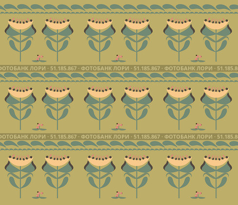 Stylized large flowers, berries, leaves created by author's brushes, in a seamless vector pattern in vintage style for postcards, websites, textiles. Стоковая иллюстрация, иллюстратор Marina Blazarenko / Фотобанк Лори
