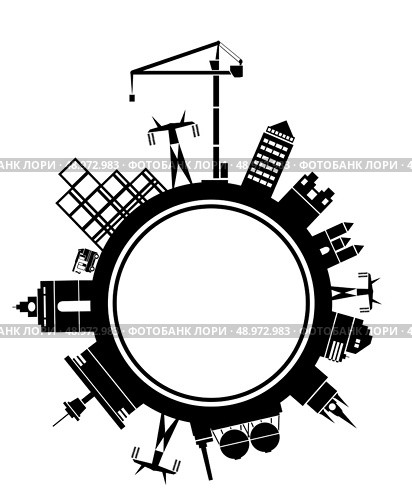 Stylized vector city block with buildings and factories. Стоковая иллюстрация, агентство Ingram Publishing / Фотобанк Лори