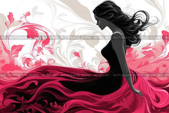 Stylized woman in profile. She is wearing an elegant black dress with a lush hem that smoothly turns into decorative waves of pink and red colors. The background is decorated with a floral pattern with curls, which creates a feeling of lightness and grace. The woman's hair flutters, adding dynamics to the composition. Стоковое AI-изображение, AI-художник Анна Кривицкая / Фотобанк Лори
