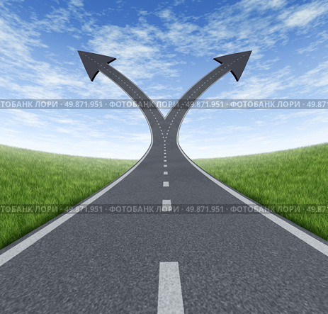 Success decision as a cross roads and upward growth streets in the shape of arrows showing a fork in the path representing the concept of direction when facing two equal or similar options. Стоковое фото, агентство Ingram Publishing / Фотобанк Лори