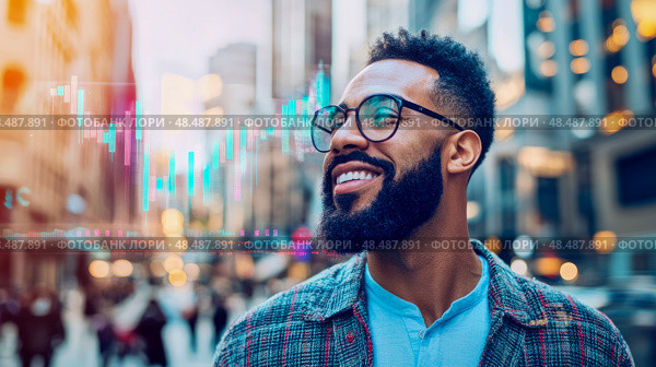 Success in Finance: A man's optimistic outlook on financial growth and stock market trends, charting a path to prosperity. Стоковое AI-изображение, AI-художник Данила Большаков / Фотобанк Лори