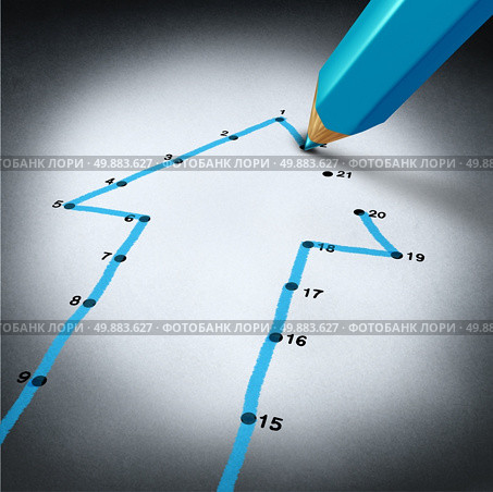 Success strategy and step by step business planning as a blue pencil drawing connection lines to connect the dots on a puzzle shaped as an arrow going up as a financial metaphor for a successful planned personal project. Стоковое фото, агентство Ingram Publishing / Фотобанк Лори