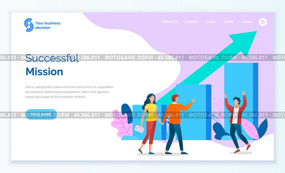 Successful mission of team, teamwork achieving results and success. People celebrating development of company or organization. Infochart and arrow. Website or webpage template, landing page vector. Successful Mission of Teamwork, Website Web Page. Стоковая иллюстрация, агентство Ingram Publishing / Фотобанк Лори