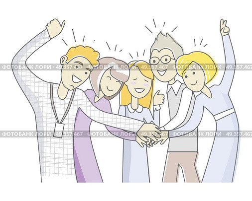 Successful Team in Linear Style Isolated on White.. Successful team in linear style isolated on white. Office team in cartoon style. Teamwork in the company. Trustful relationship in business cooperation. Workers as a members of one big family. Vector. Стоковая иллюстрация, агентство Ingram Publishing / Фотобанк Лори