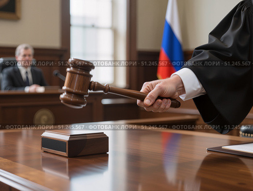 Судья с молотком в судебном зале на фоне флага России /  A judge with a hammer in the courtroom against the background of the Russian flag. Стоковое AI-изображение, AI-художник Валерий Лукин / Фотобанк Лори