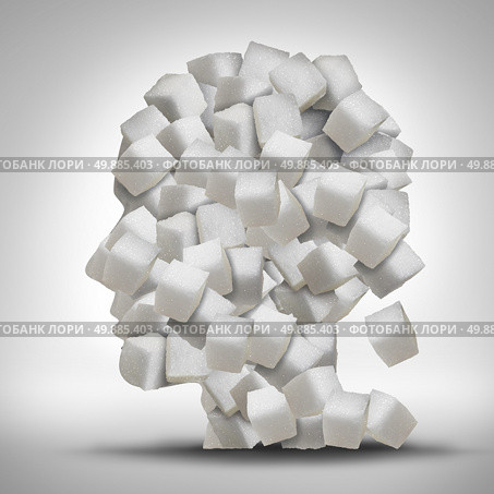 Sugar addiction concept as a human head made of white granulated refined sweet cubes as a health care symbol for being addicted to sweeteners and the medical issues pertaining to processed food. Стоковое фото, агентство Ingram Publishing / Фотобанк Лори