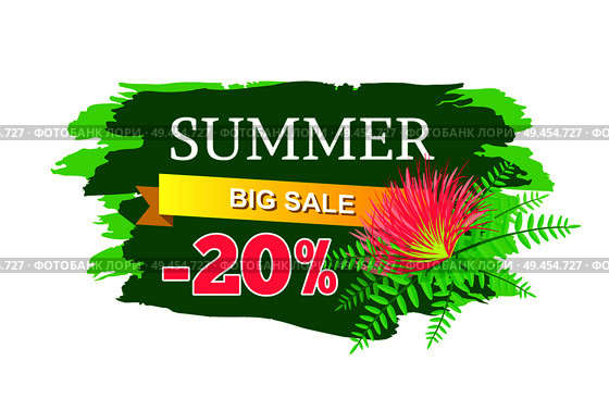 Summer big sale 20 off advertisement label with gentle pink flower, promo sticker design, deal tag emblem with info about discounts vector isolated. Summer Big Sale 20 Off Advertisement Label Flower. Стоковая иллюстрация, агентство Ingram Publishing / Фотобанк Лори