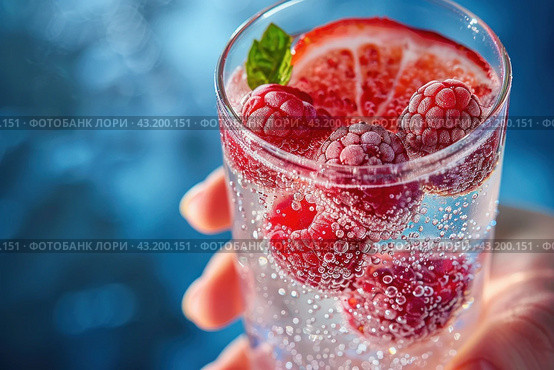 Summer cocktail with berries in hand on a blue background. Стоковое AI-изображение, AI-художник Юрий Поздников / Фотобанк Лори