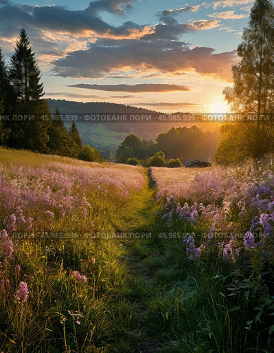 Summer evening, the last rays of the setting sun. Forest landscape. Стоковое AI-изображение, AI-художник Сергей Елизарьев / Фотобанк Лори
