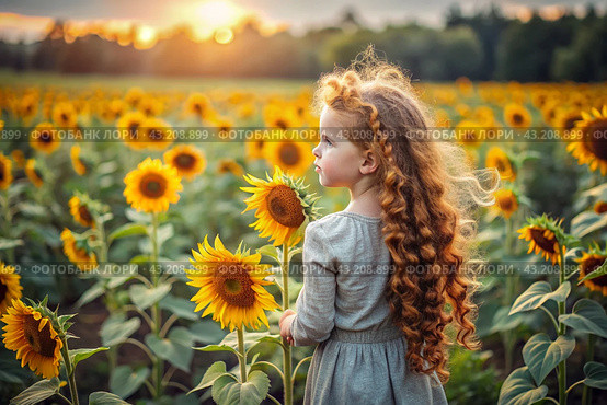 Summer flowering. Portrait of a beautiful curly-haired girl and a green dress in a blooming field of sunflowers Childhood. The girl poses and looks at the camera. Стоковое AI-изображение, AI-художник Photojuli / Фотобанк Лори