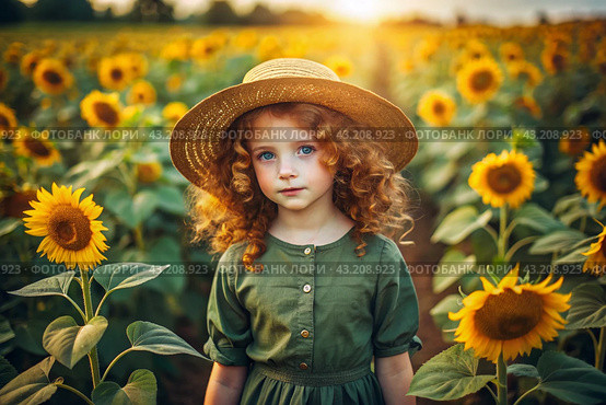 Summer flowering. Portrait of a beautiful curly-haired girl in a straw hat and a green dress in a blooming field of sunflowers Childhood. The girl poses and looks at the camera. Стоковое AI-изображение, AI-художник Photojuli / Фотобанк Лори