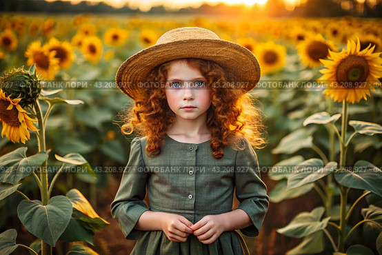 Summer flowering. Portrait of a beautiful curly-haired girl in a straw hat and a green dress in a blooming field of sunflowers Childhood. The girl poses and looks at the camera. Стоковое AI-изображение, AI-художник Photojuli / Фотобанк Лори