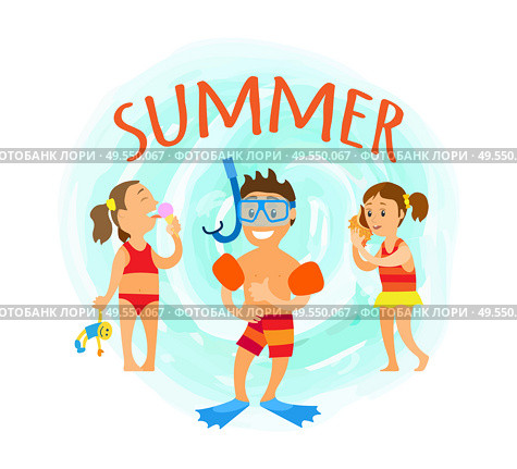 Summer fun, boy wearing special mask for diving, girl listening to seashell noise. Kid eating ice cream and holding toy in hands. Summertime vacation. Summer Hobbies Snorkelling and Diving Hobby Vector. Стоковая иллюстрация, агентство Ingram Publishing / Фотобанк Лори