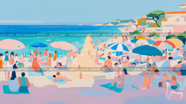 Summer vacation: A vibrant impressionistic beach scene with people enjoying a sunny day by the sea, sandcastle and colorful parasols. Стоковое AI-изображение, AI-художник Данила Большаков / Фотобанк Лори