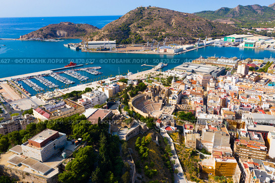Summer view from drone of coastal Spanish town of Cartagena. Стоковое фото, фотограф Яков Филимонов / Фотобанк Лори