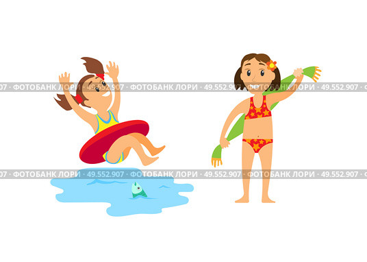 Summertime relaxation on beach vector, people on vacation. Girls having fun by seaside, splashes of water, kiddo wearing lifebuoy and child with towel. Swimming Child in Lifebuoy, Kid with Towel Wiping. Стоковая иллюстрация, агентство Ingram Publishing / Фотобанк Лори