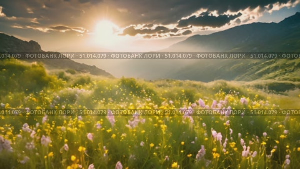 Sun sets in the background of a vast field filled with wildflowers, casting a warm glow over the colorful blooms. Стоковое AI-видео, аниматор Данила Большаков / Фотобанк Лори