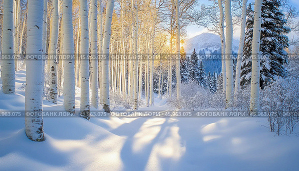 Sun shining through snow covered aspen trees in a winter forest. Стоковое AI-изображение, AI-художник Юрий Поздников / Фотобанк Лори