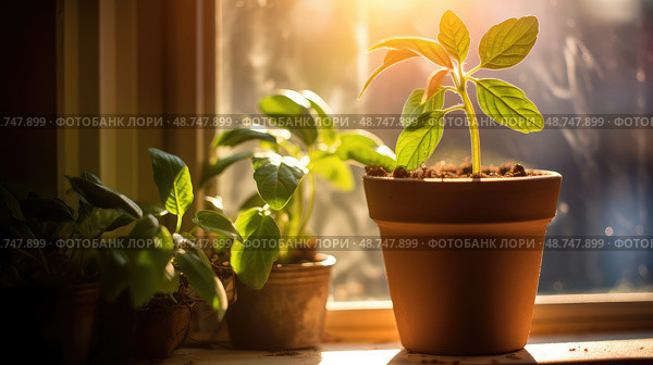 sunlight budding plant ai generated. Стоковое AI-изображение, AI-художник Vectorwin / Фотобанк Лори