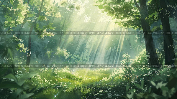 Sunlight filters through dense forest canopy, illuminating the leaves and creating dappling shadows on the ground. Стоковое AI-изображение, AI-художник Данила Большаков / Фотобанк Лори