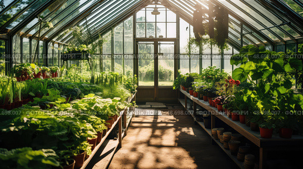 sunlight greenhouse plants ai generated. Стоковое AI-изображение, AI-художник Vectorwin / Фотобанк Лори
