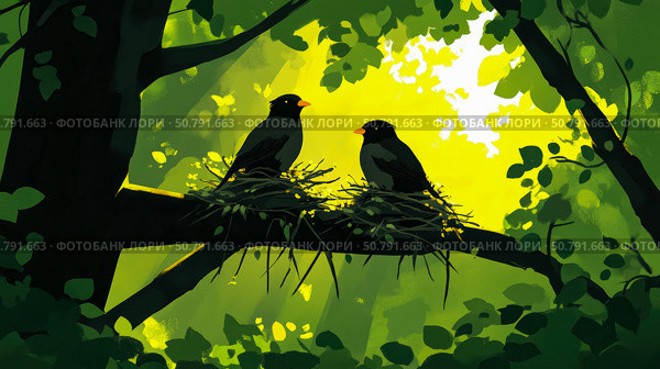 Sunlit Avian Couple in a Sylvan Nest: A Serene Nature Illustration. Стоковое AI-изображение, AI-художник Данила Большаков / Фотобанк Лори