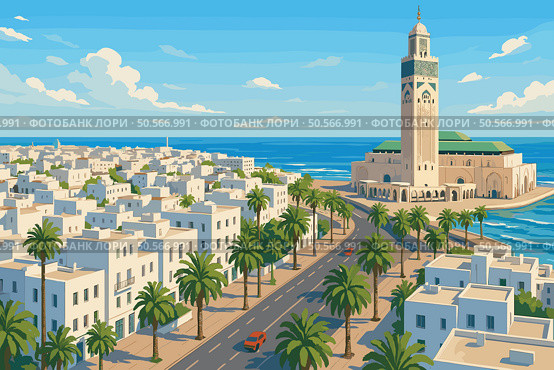Sunny View of Casablanca Featuring Hassan II Mosque and Palm-Lined Boulevards. Стоковая иллюстрация, иллюстратор Максим Гребешков / Фотобанк Лори