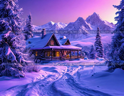 Sunrise in the mountains, early winter morning. Winter landscape. Стоковое AI-изображение, AI-художник Сергей Елизарьев / Фотобанк Лори