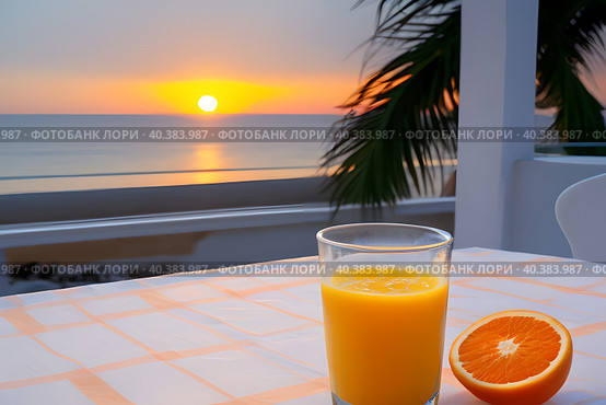 Sunrise over the sea, oranges and a glass of juice on the table. Стоковое AI-изображение, AI-художник Сергей Елизарьев / Фотобанк Лори