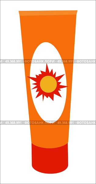 Sunscreen Cream Bottle. Sun cream tube in flat. Solar defence. Sun cosmetic. Orange plastic tube for sun block. Sunscreen cream bottle. Product for body and skin care, beauty, health, freshness, youth, hygiene. Стоковая иллюстрация, агентство Ingram Publishing / Фотобанк Лори