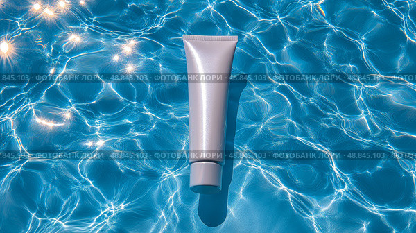 Sunscreen tube rests on shimmering water surface at midday/ Тюбик с солнцезащитным кремом лежит на сверкающей поверхности воды в полдень. Стоковое AI-изображение, AI-художник Katsiaryna Repich / Фотобанк Лори