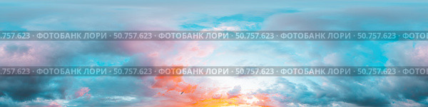 Sunset sky panorama with bright glowing pink Cumulus clouds. HDR 360 seamless spherical panorama. Full zenith or sky dome for 3D visualization, sky replacement for aerial drone panoramas. Стоковое фото, фотограф svetograph / Фотобанк Лори