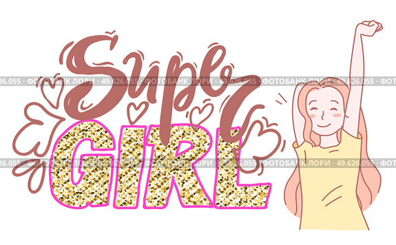 Super girl graffiti poster with text, decor elements. Girlish concept. Pretty girl with raised up hand, closing eyes. Inscription with nice smiling girl isolated at white background. Drawing sketch. Super girl graffiti poster with text, decor elements, girlish concept, pretty girl with raised hand. Стоковая иллюстрация, агентство Ingram Publishing / Фотобанк Лори