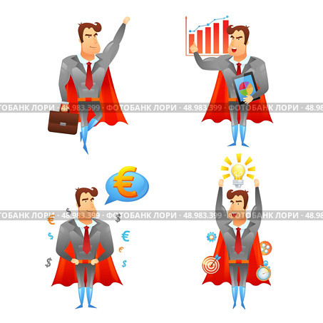 Superhero allegoric  strong energetic businessman cartoon character with red cape 4 icons set  abstract vector isolated illustration. Superhero businessmen character icons set. Стоковая иллюстрация, агентство Ingram Publishing / Фотобанк Лори