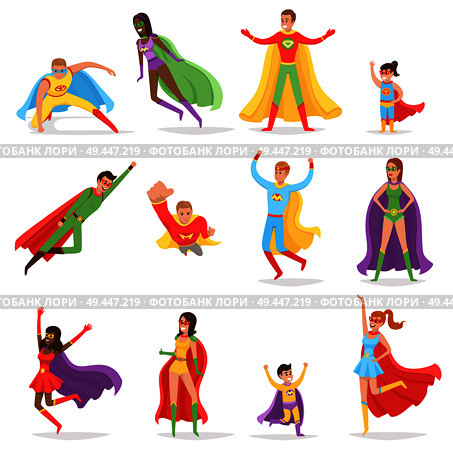 Superheroes in bright suits and long cloaks set. Women and men with superpowers in heroic poses. Modern superheroes isolated vector illustrations.. Superheroes in Bright Suits and Long CLoaks Set. Стоковая иллюстрация, агентство Ingram Publishing / Фотобанк Лори