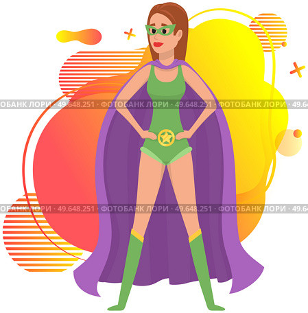 Superwoman smiling, waving hand and has superpowers. Cartoon character in superhero costume with cloak, mask and emblem stands on white background. Strong person protects people from villains. Superwoman smiling, waving hand and has superpowers. Cartoon slender character in superhero costume. Стоковая иллюстрация, агентство Ingram Publishing / Фотобанк Лори